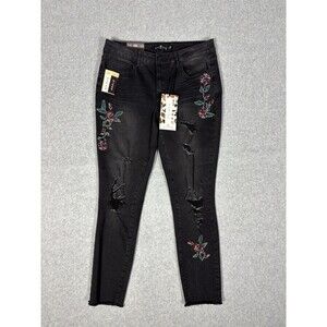 One 5 One Jeans Women Denim Stretch Embroidered Flowers Raw Hem Skinny Size 10